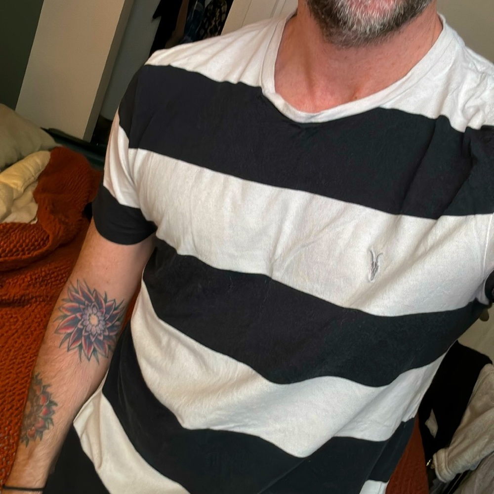All Saints short sleeve shirt. Medium. Black and white block stripes